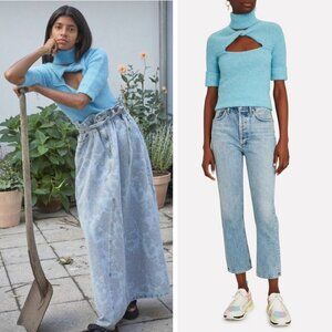 NEW Ganni Alpaca Merino Wool Blend Twist Turtleneck Sweater Bachelor Blue Preppy